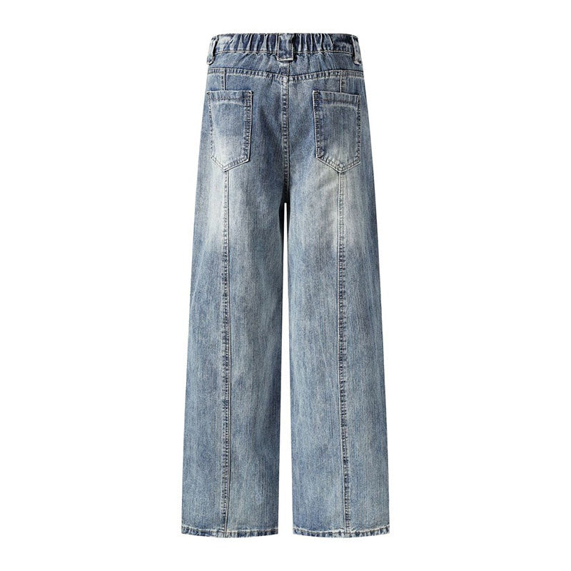 Men's Blue Denim Trousers - Loose Fit, Elastic Waist, Straight Leg