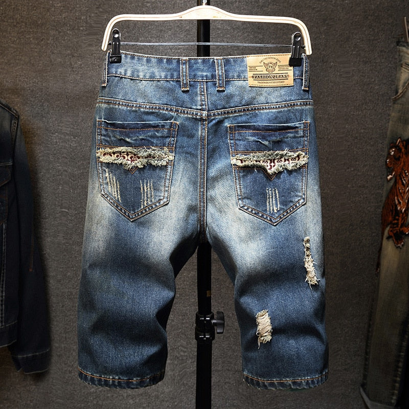 Men's Vintage Distressed Slim Fit Denim Shorts