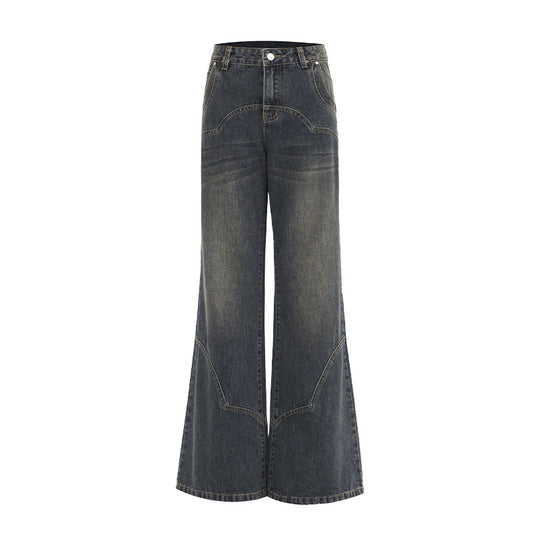 Women's Wide-Leg Jeans with Splicing Retro Design - Loose and Slimming Flare Pants