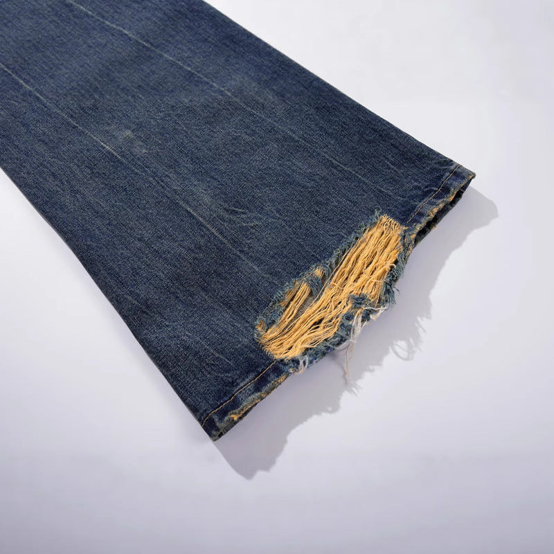 Washed Cat-Whisker Yellow Mud-Dyed Knife-Edge Jeans - Women’s Cleanfit Ripped Flared Pants