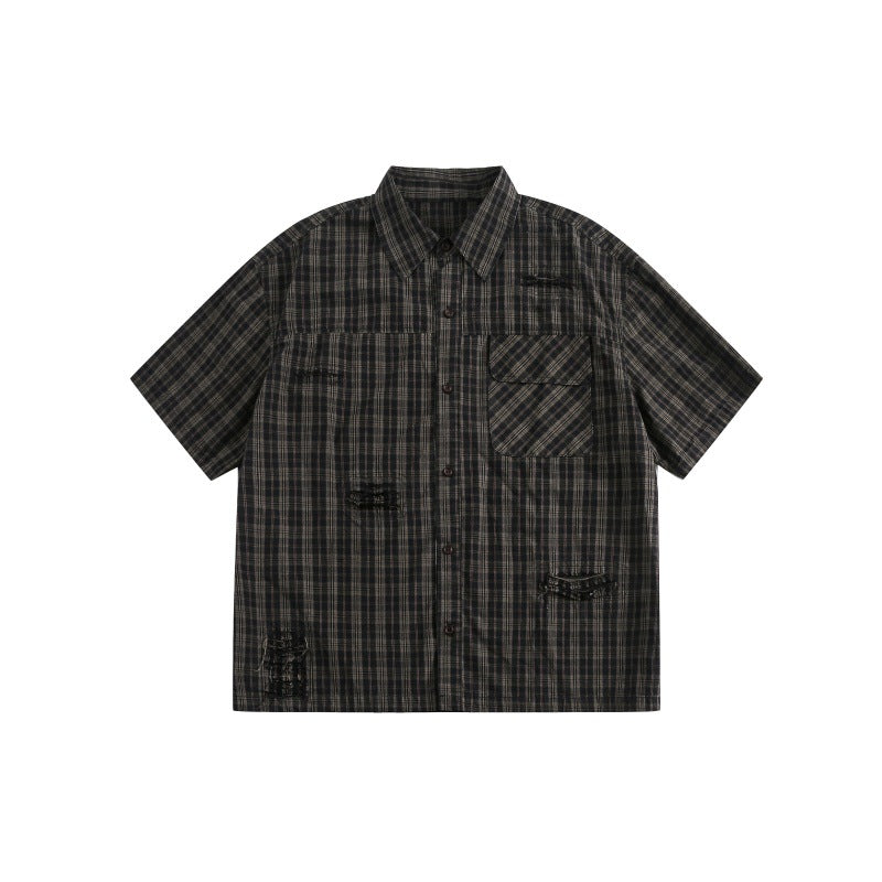 Patch Pocket Perforated Design Checkered Short Sleeved Shirt for Men