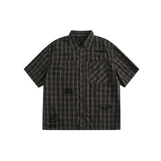 Patch Pocket Perforated Design Checkered Short Sleeved Shirt for Men