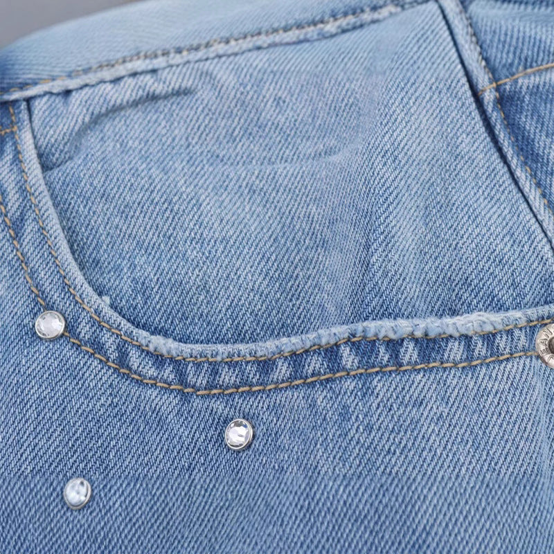 Elastic Waist Loose Vintage Denim Pants with Rhinestone Decoration