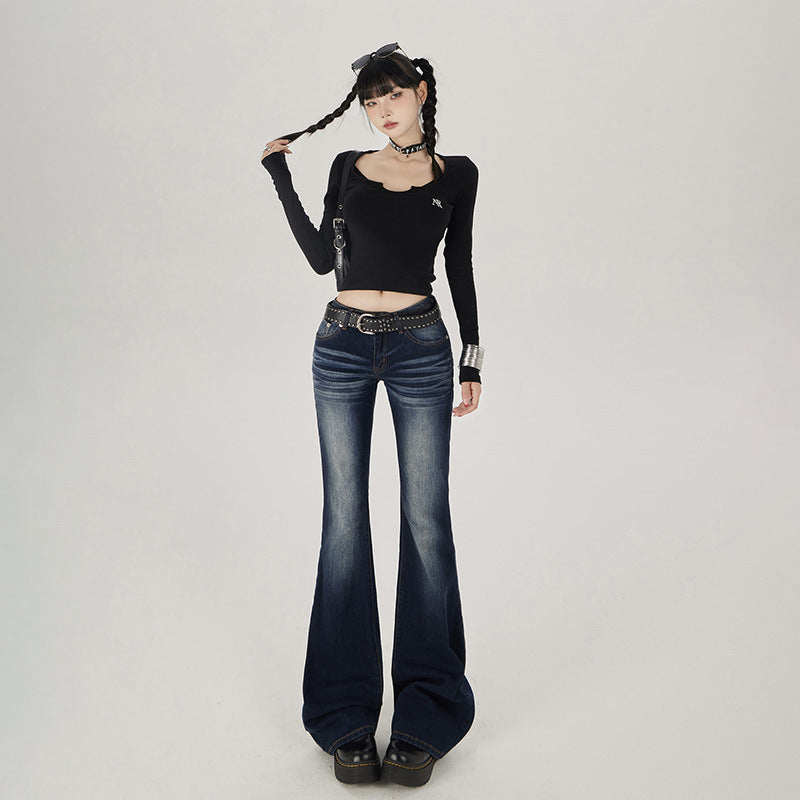 Flared Denim Pants for Women - Low Waist Slim Fit Elastic Flare Trousers