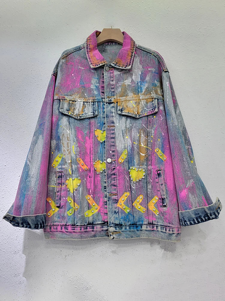 Women's Colorful Heart-Shaped Graffiti Denim Coat with Diamond Details
