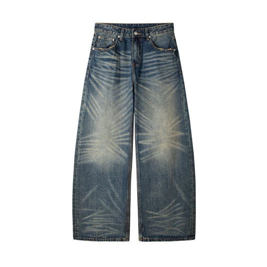 Men's Used Washed Loose-Fit Denim Jeans — Punk Zipper Fly Mid-Waist Blue
