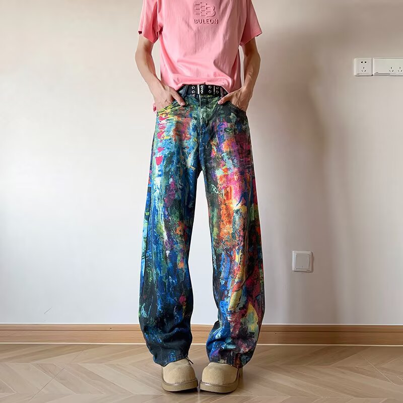 Washed Ink Splashed Oil Painting Color Palette Denim Pants