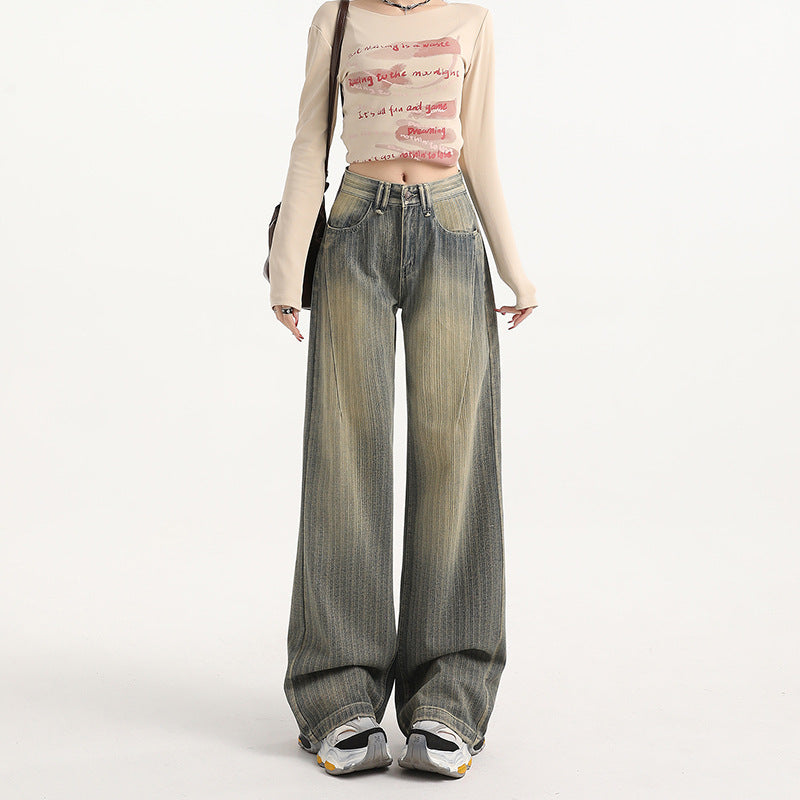 Distressed Stripe Denim Pants for Women - Fashionable Straight Leg Wide Leg Trousers