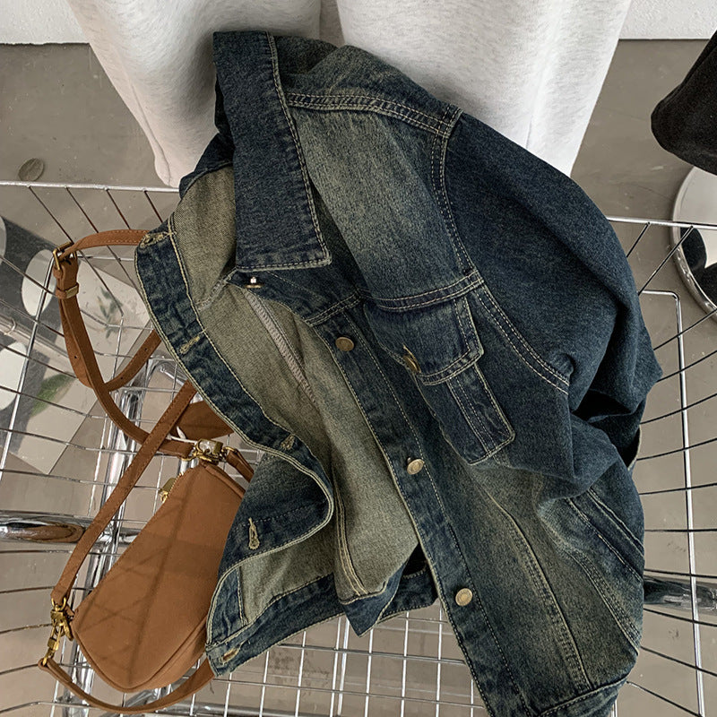 Vintage Distressed Denim Jacket for Women, Loose Fit Single-Breasted, Long Sleeve Top