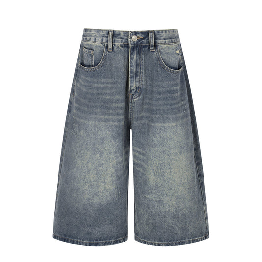 Washed Denim Cropped Pants — Women's Loose Mid-Rise Zip Fly Jeans