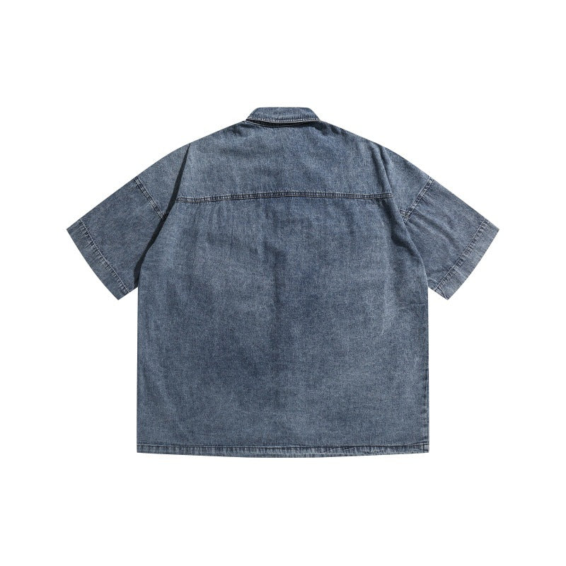 Embroidered Loose Vintage Denim Shirt with Patch Pockets
