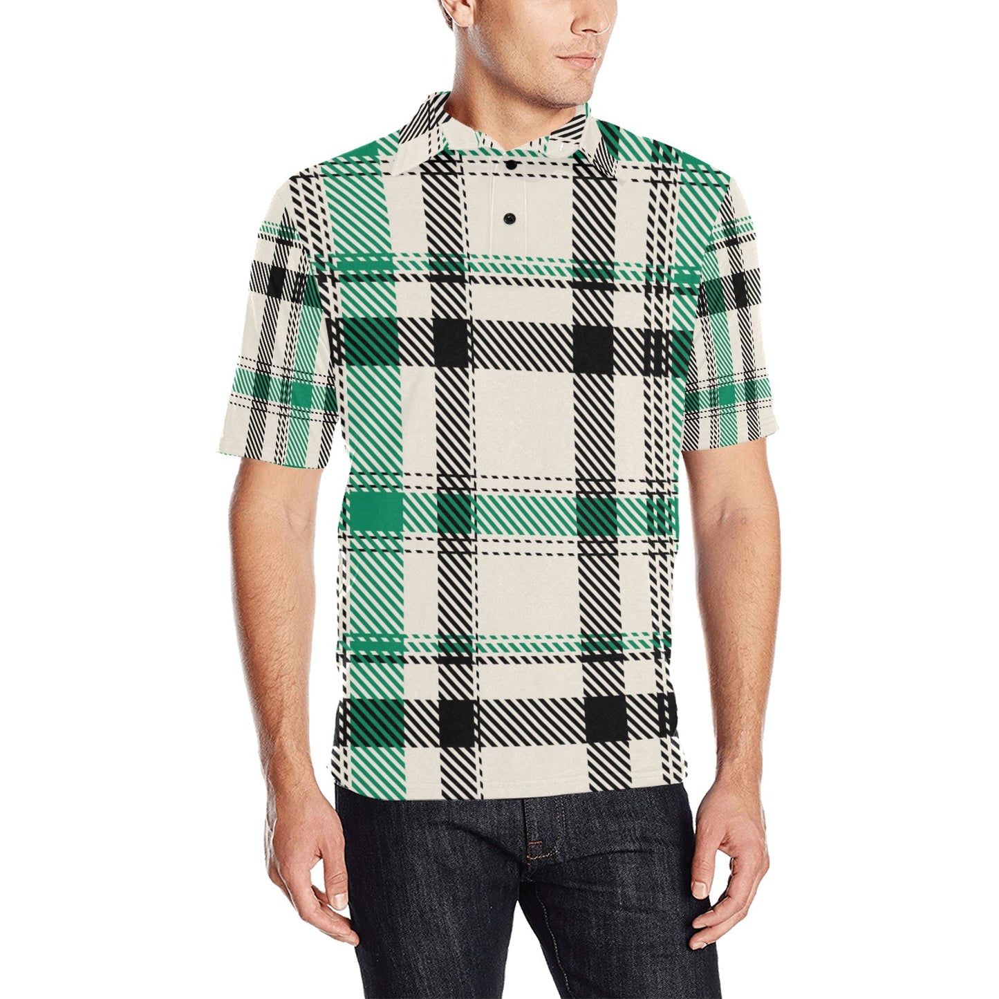 Green/Beige Plaid Men's All Over Print Polo Shirt