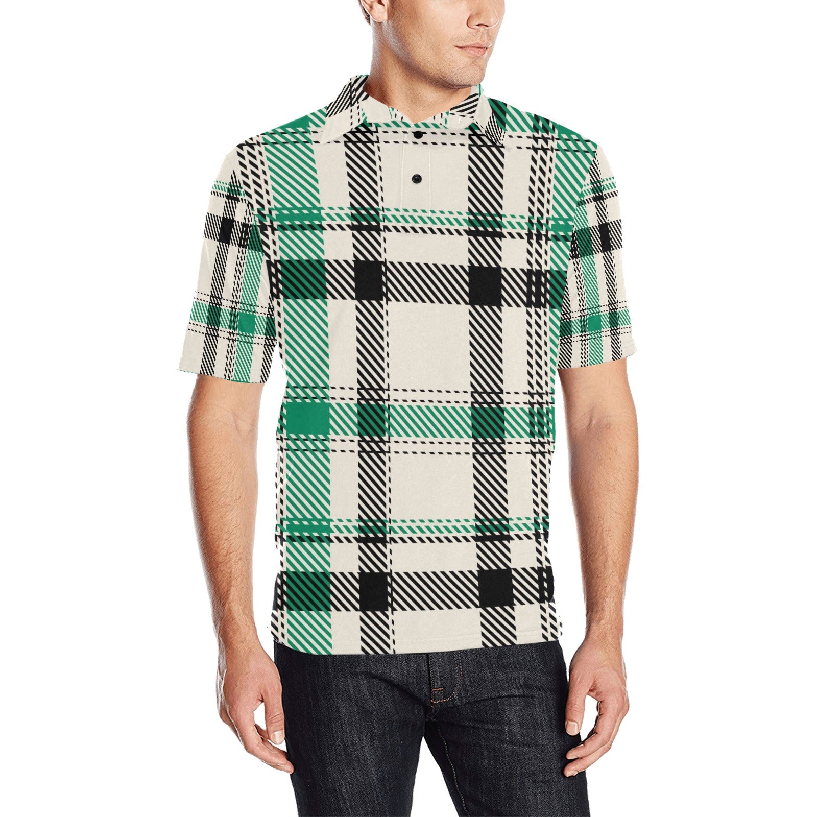 Green/Beige Plaid Men's All Over Print Polo Shirt