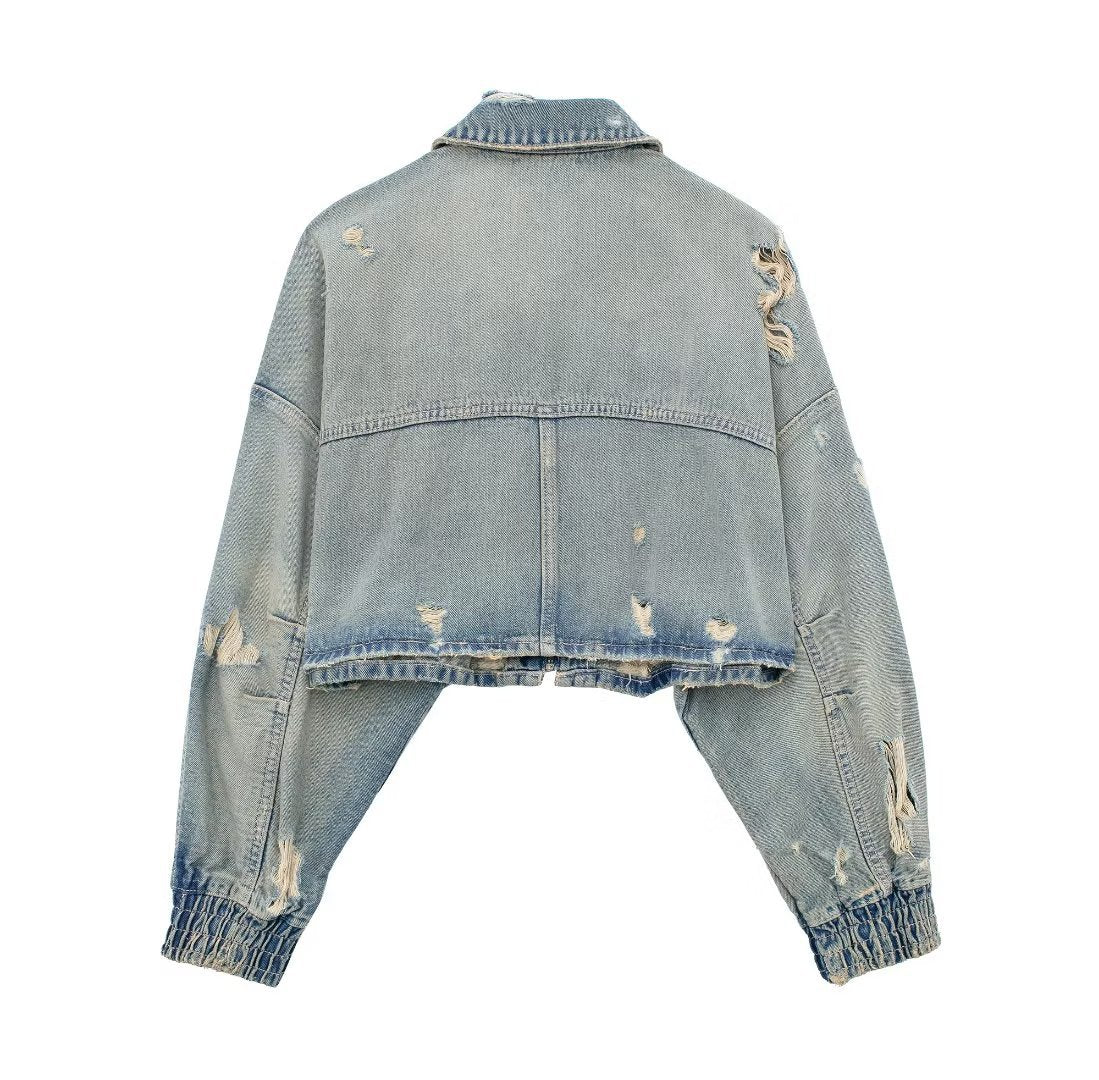 Women's Ripped Crop Denim Jacket - Vintage Long Sleeve Zipper Streetwear
