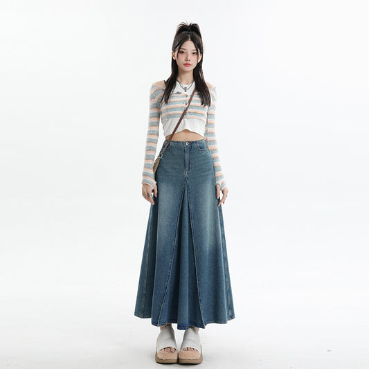 Women's Denim A-Line Midi Skirt with Spliced Design