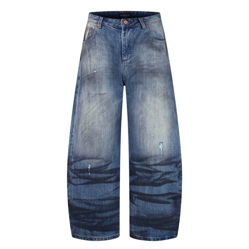 Street Style Vintage Distressed Washed Knife-Edge Denim Pants