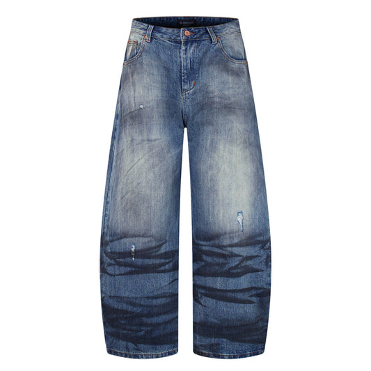 Street Style Vintage Distressed Washed Knife-Edge Denim Pants