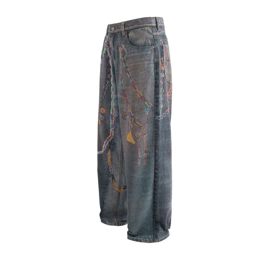High Street Waste Soil Feng Shui Wash 3D Printed Wide Leg Jeans