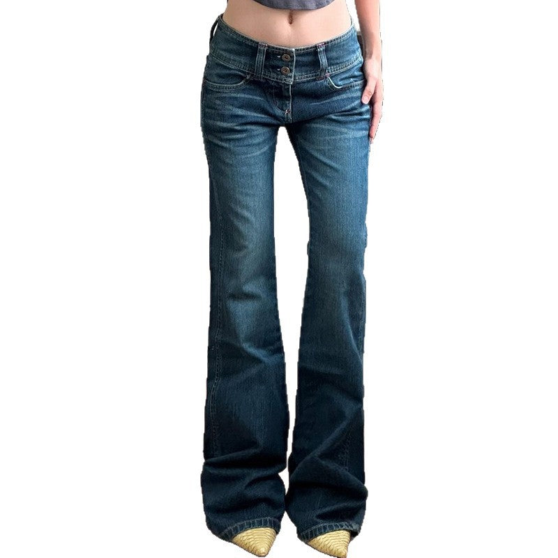 Wide Waisted Buckle Slim Fit Washed Denim Jeans