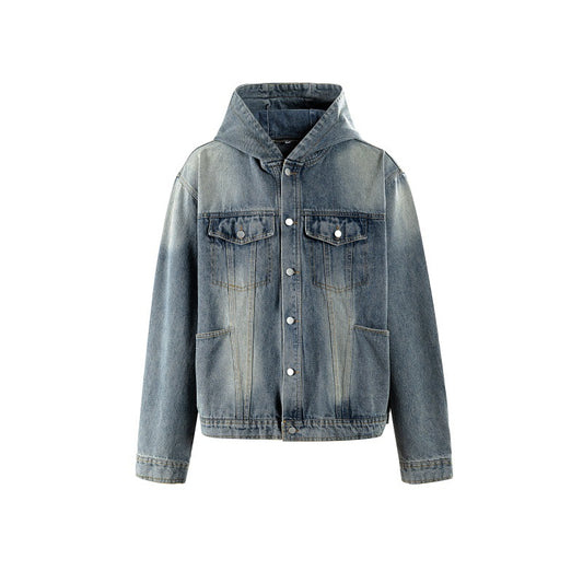 Washed Distressed Multi-Pocket Loose Hooded Workwear Denim Jacket