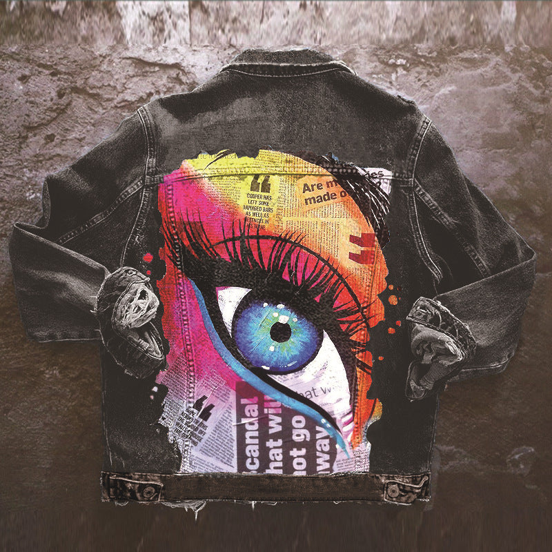 Women's  Lapel Denim Jacket with Mascara Eye Print Pattern