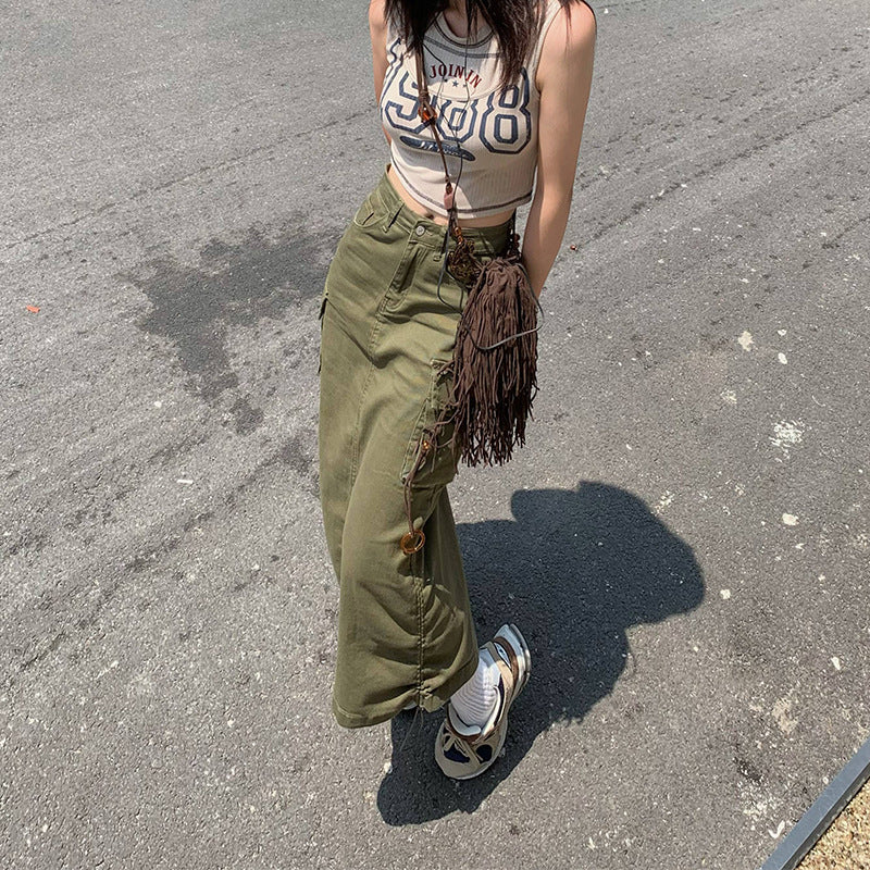 Workwear Pocket Denim A-Line Skirt with Adjustable Drawstring Length for Women