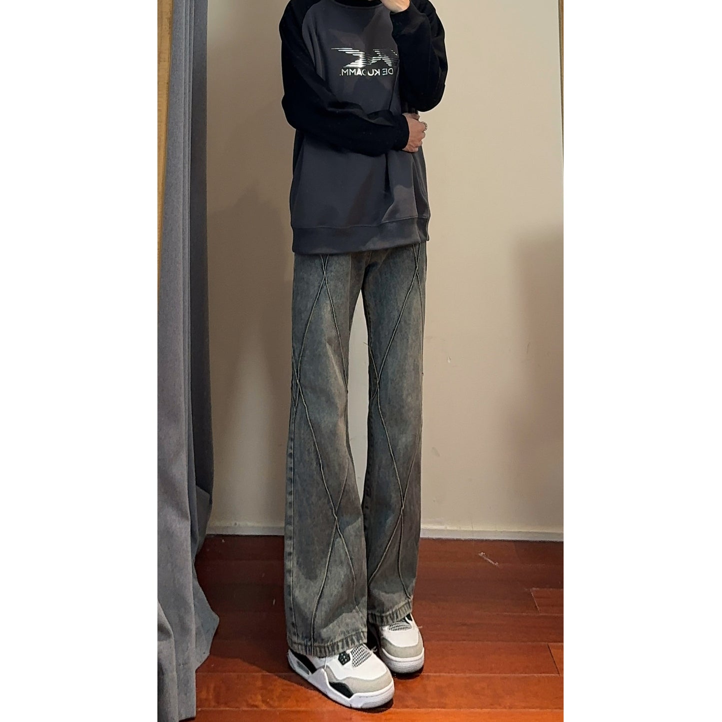 Retro Patchwork Split Straight Leg Jeans