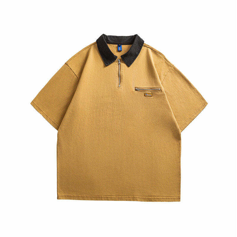 Splicing Loose Half Zipper Short Sleeved Polo Shirt