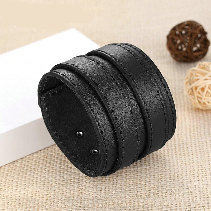 Double Belt Leather Wrist Big Wide Bracelet Buckle Vintage Punk