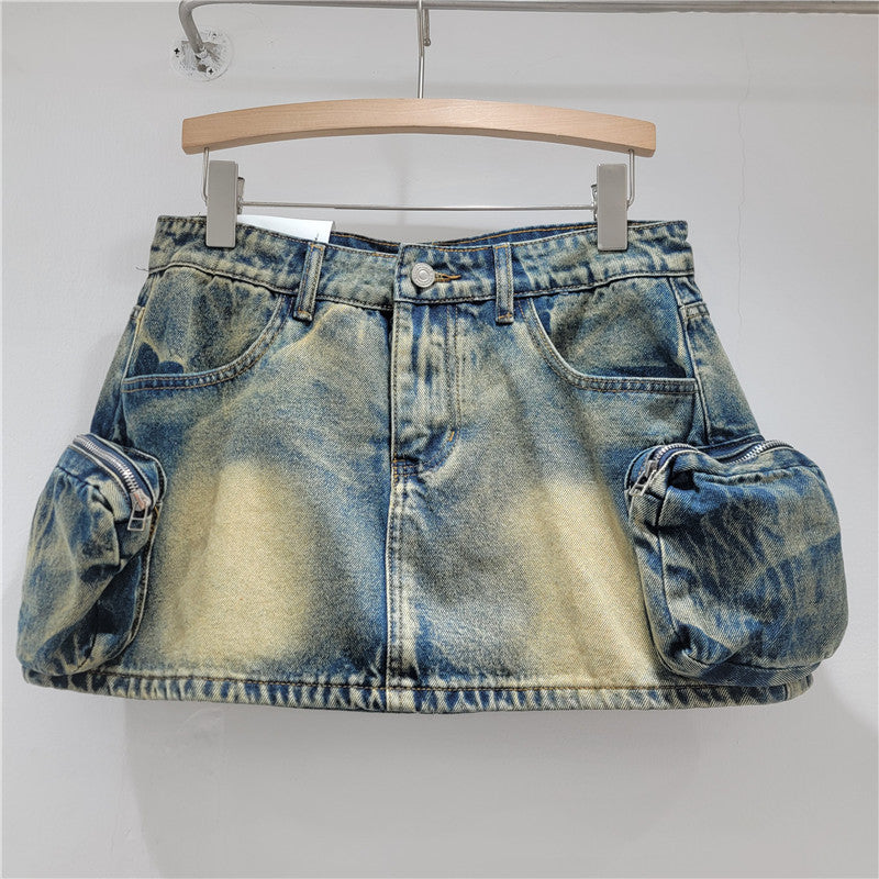 Design Sense Women's High-Waisted A-Line Denim Skirt with Zipper Pockets