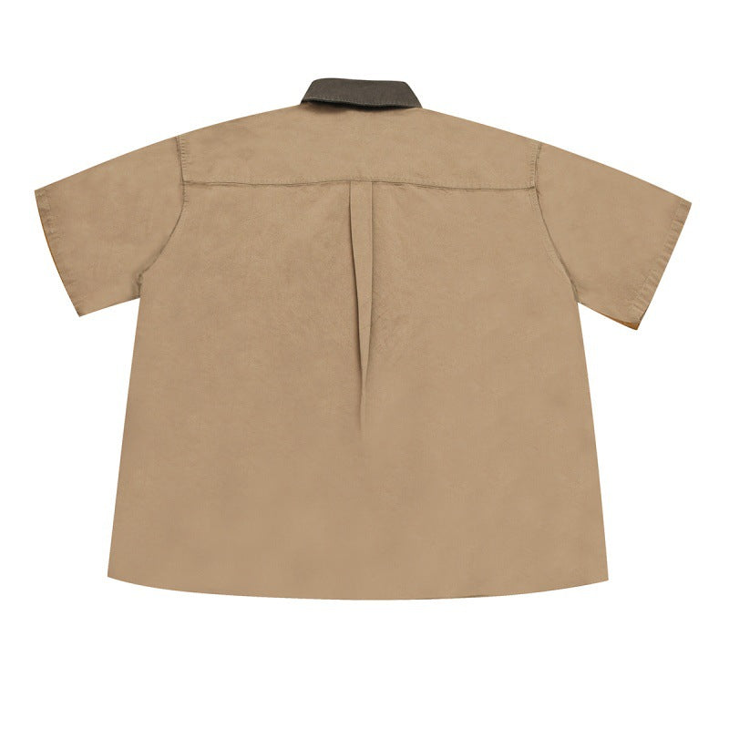 Color Block Collar Loose Short Sleeved Workwear Shirt for Men
