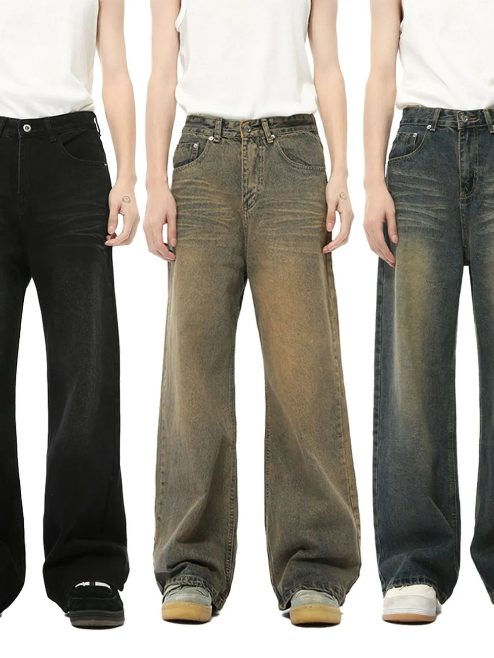 Washed Cat Whisker Straight Leg Jeans - Premium Japanese Denim