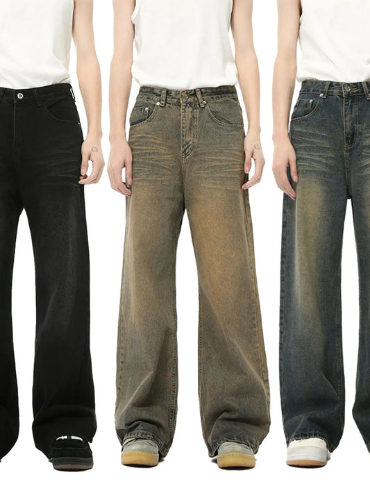 Washed Cat Whisker Straight Leg Jeans - Premium Japanese Denim