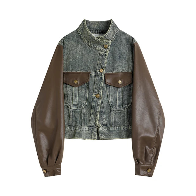 Asymmetric Denim Biker Jacket for Women with Patchwork and PU Leather
