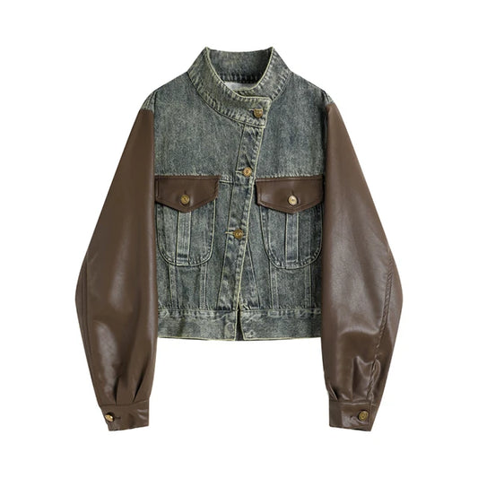 Asymmetric Denim Biker Jacket for Women with Patchwork and PU Leather