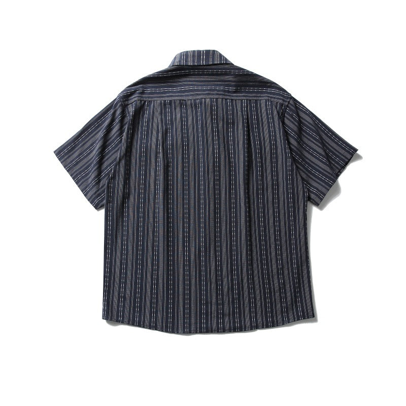 Striped Loose Short Sleeved Shirt with Double Patch Pockets for Men