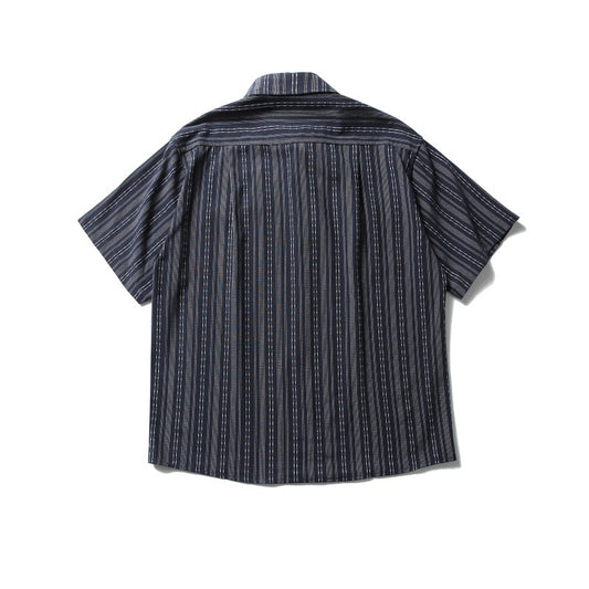 Striped Loose Short Sleeved Shirt with Double Patch Pockets for Men