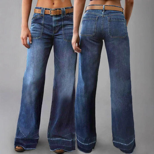 Slimming Washed Flared Hem Patchwork Denim Women's Long Pants