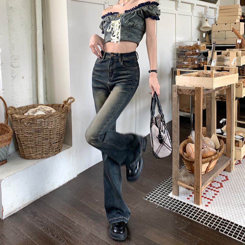 Women's High-Waisted Slim Fit Washed Micro Flare Denim Pants