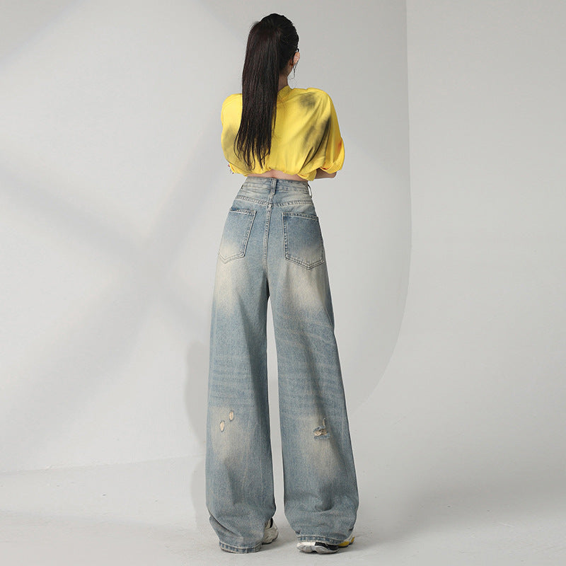Distressed Washed Ripped Jeans for Women - Loose High Waist Slim Wide Leg Floor-Length Pants