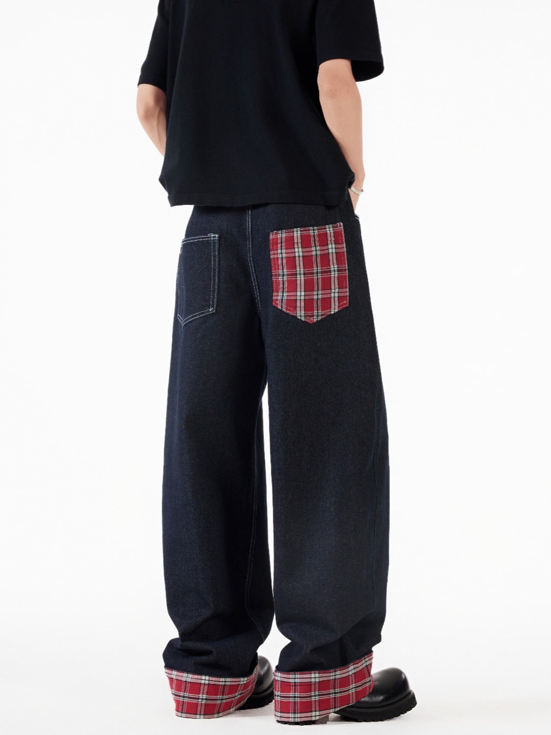 Grid Splicing Rolled Edge Jeans - Straight Leg Loose Pants