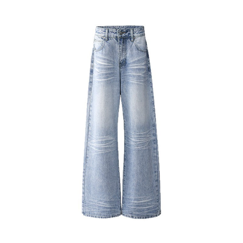 Summer Loose Straight Leg Commuting Pants in Washed Blue Denim