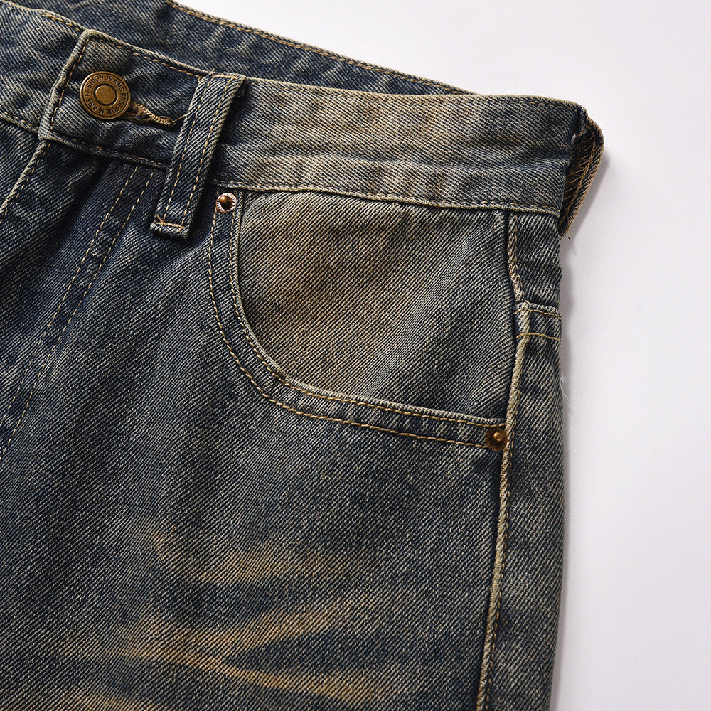 Dark Blue Color Washed Wide Leg Jeans With Contrast Details