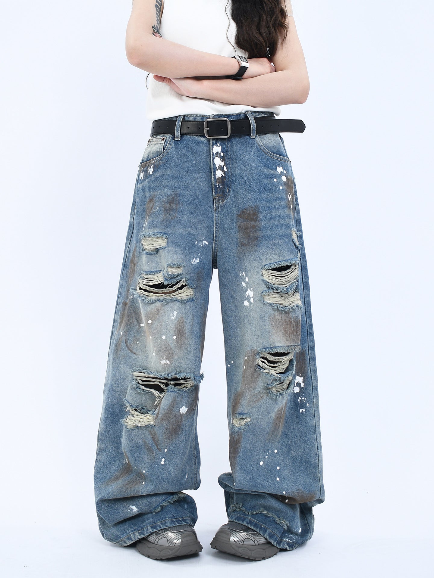 Vintage Washed Denim Pants with Wide Leg and Perforated Design