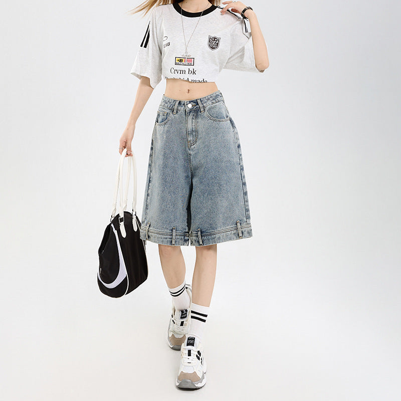 Design Denim Shorts for Women - Loose Five-Quarter Pants
