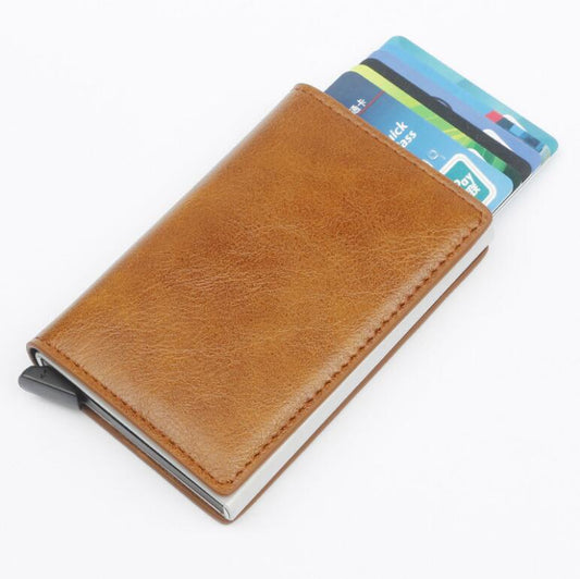 Men's Metal Card Holder RFID Aluminum Alloy Credit Card Holder Leather Wallet Anti-Theft Automatic RFID Wallet