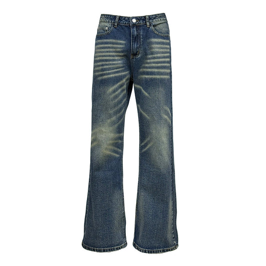 Men's Washed Denim Bell Bottom Jeans — Mid Rise Full Length Streetwear
