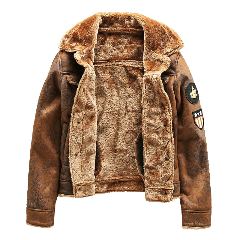 Men's Thick Warm Fleece Leather Jacket Coat - Casual Military Bomber