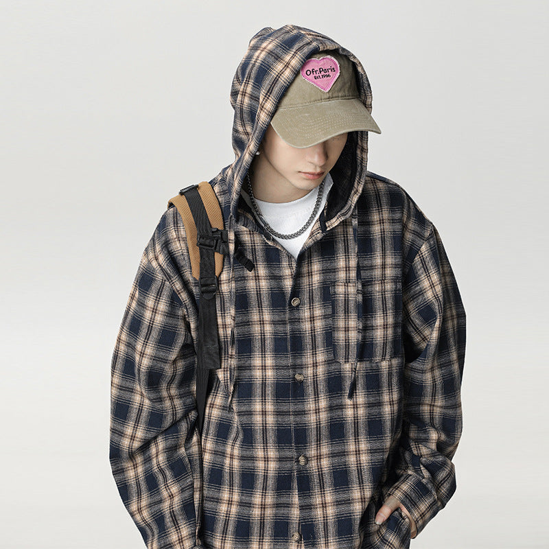 Color Blocked Plaid Hooded Long Sleeved Shirt for Men