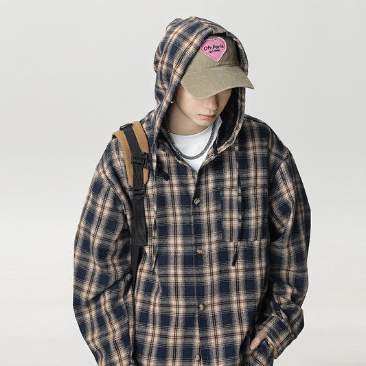Color Blocked Plaid Hooded Long Sleeved Shirt for Men